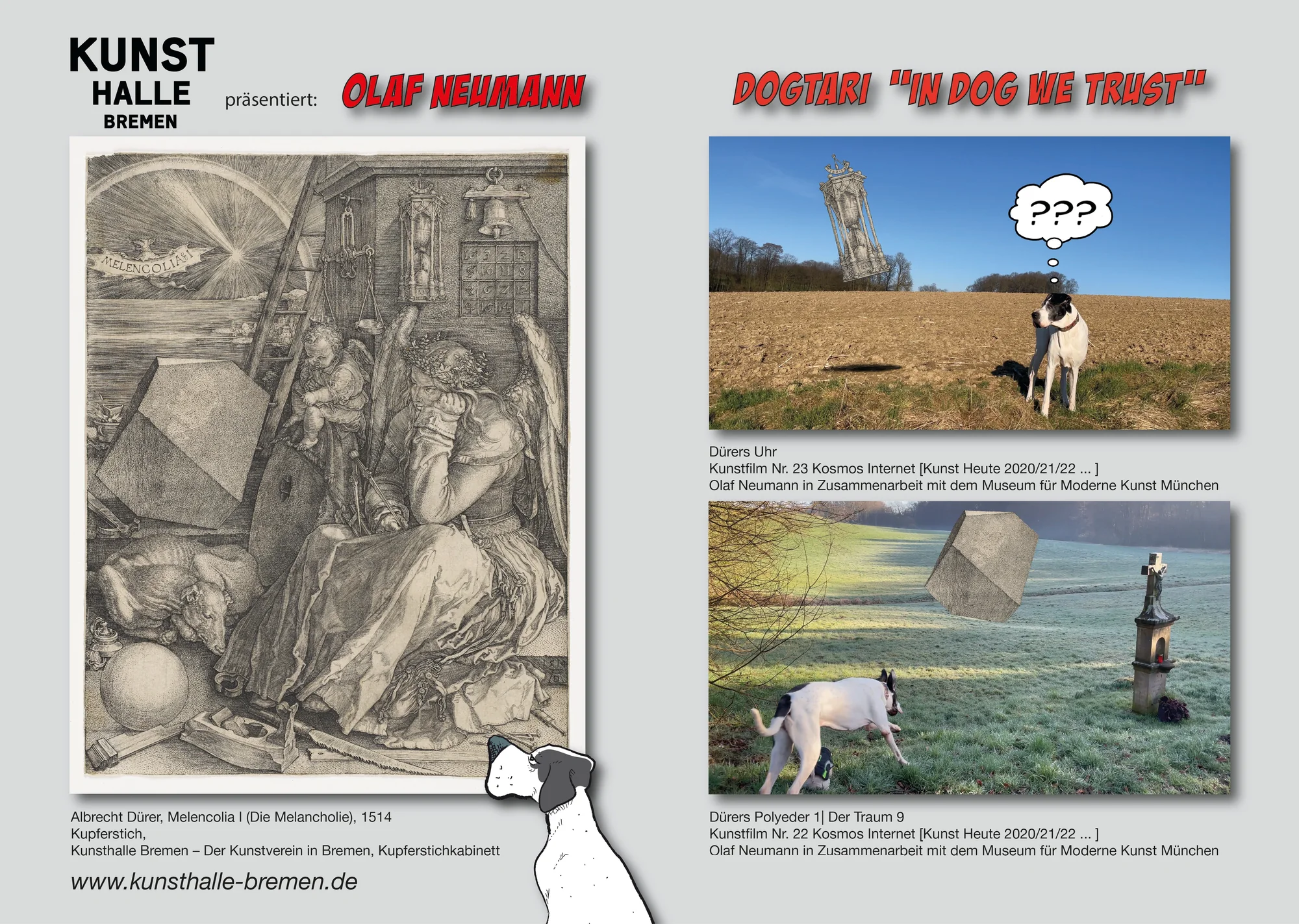 Doppelseitige Anzeige: Kunsthalle Bremen präsentiert Olaf Neumann, DOGTARI „In Dog We Trust“, links Dürers Kupferstich Melencolia I, rechts zwei Filmbilder mit der Dogge Scully