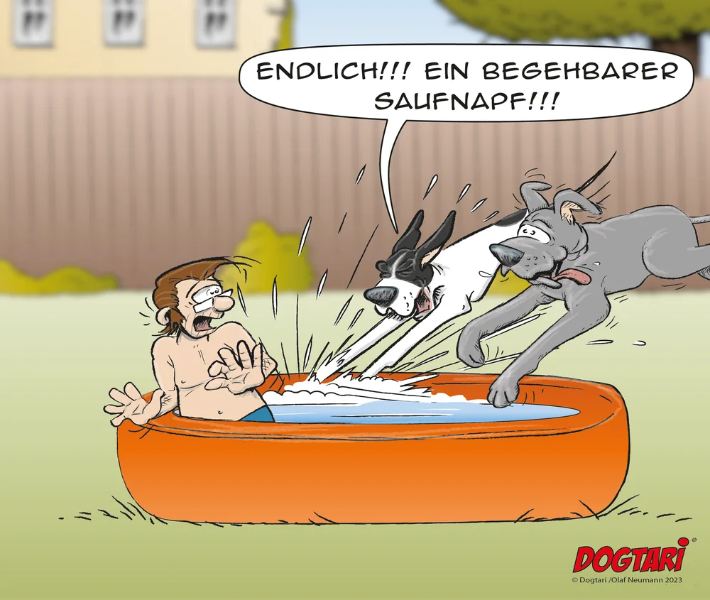 Cartoon: Zwei Doggen springen in das Planschbecken eines Mannes, Sprechblase: Endlich!!! Ein begehbarer Saufnapf!!!