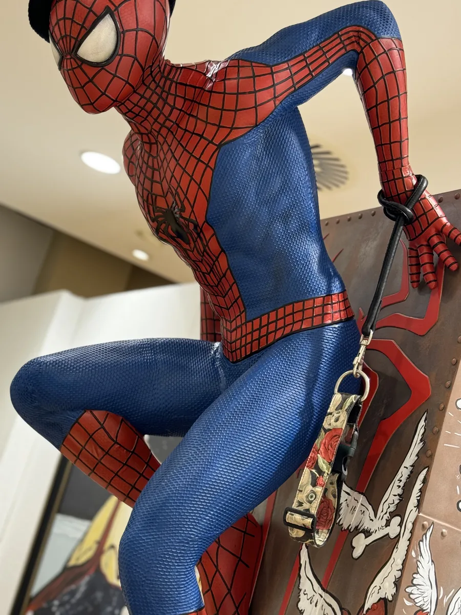 Überlebensgroße Spiderman-Skulptur mit einer Hundeleine in der Hand