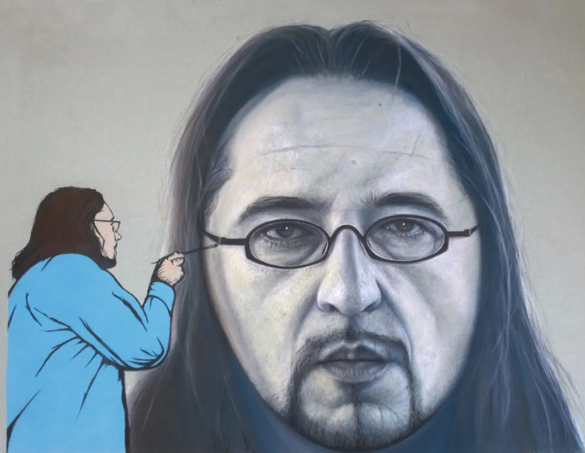 Pastell: Selbstporträt mit langem Haar und runder Brille, links eine kleine gezeichnete Malerin