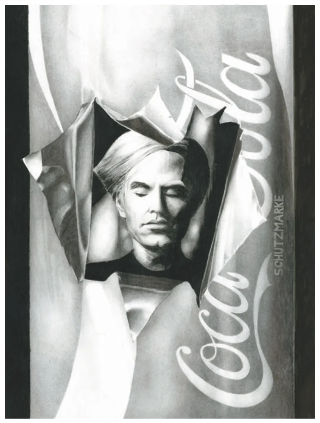Bleistiftzeichnung: Andy Warhol blickt durch eine aufgerissene Coca-Cola-Flaschenbanderole