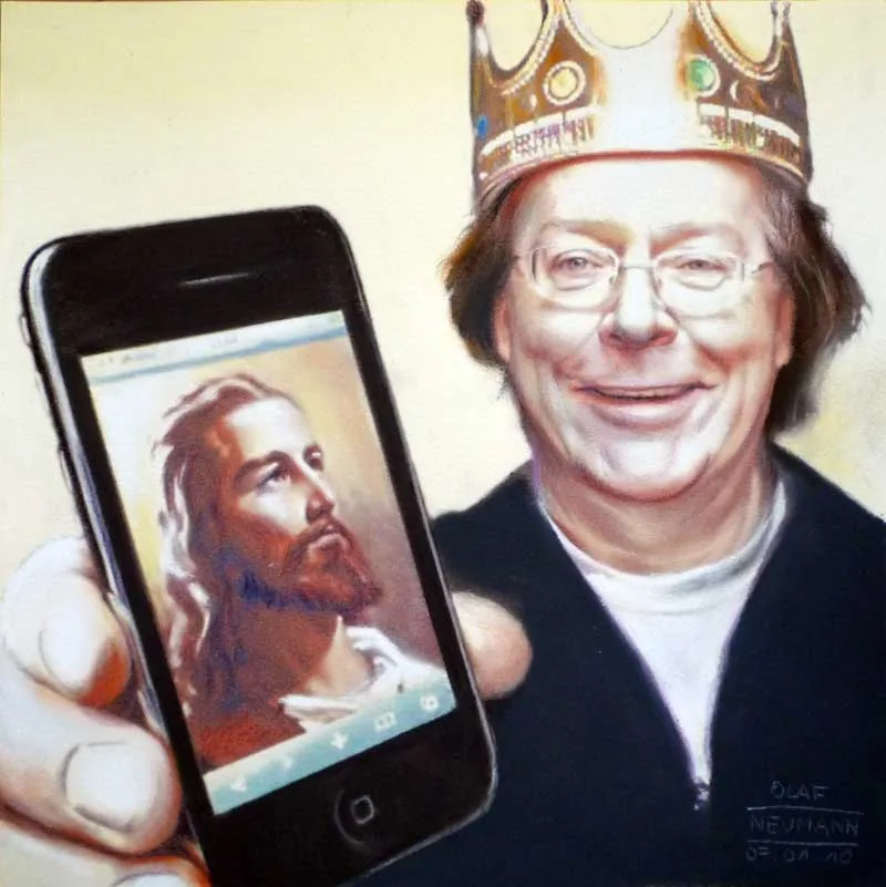 Zeichnung: Mann mit Krone hält ein Smartphone mit einem Christusbild